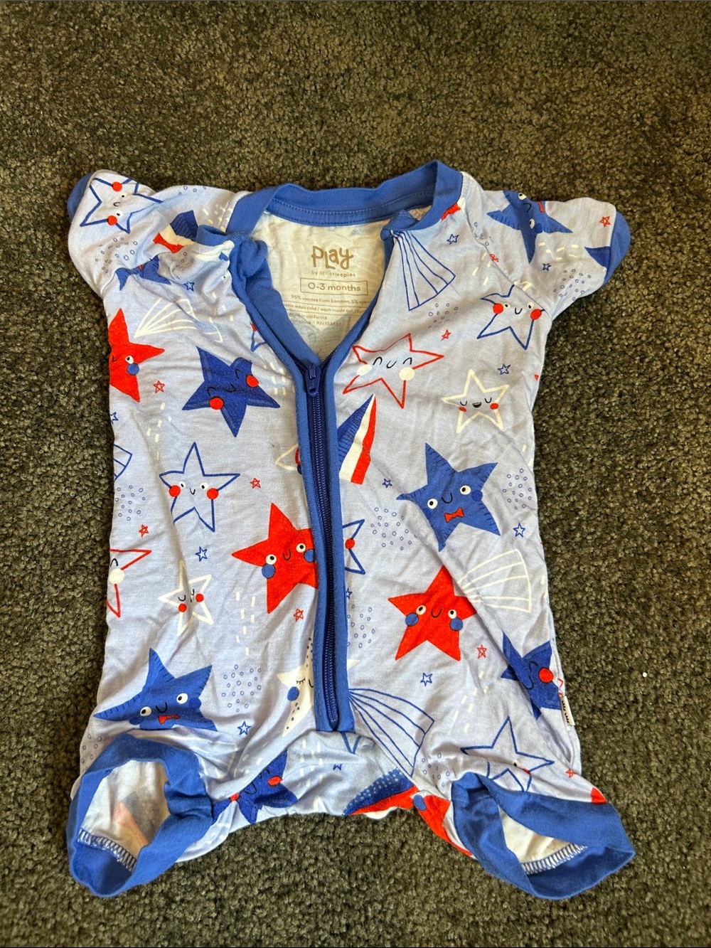 Little Sleepies Blue Red Star Print Zippered Pajama Romper